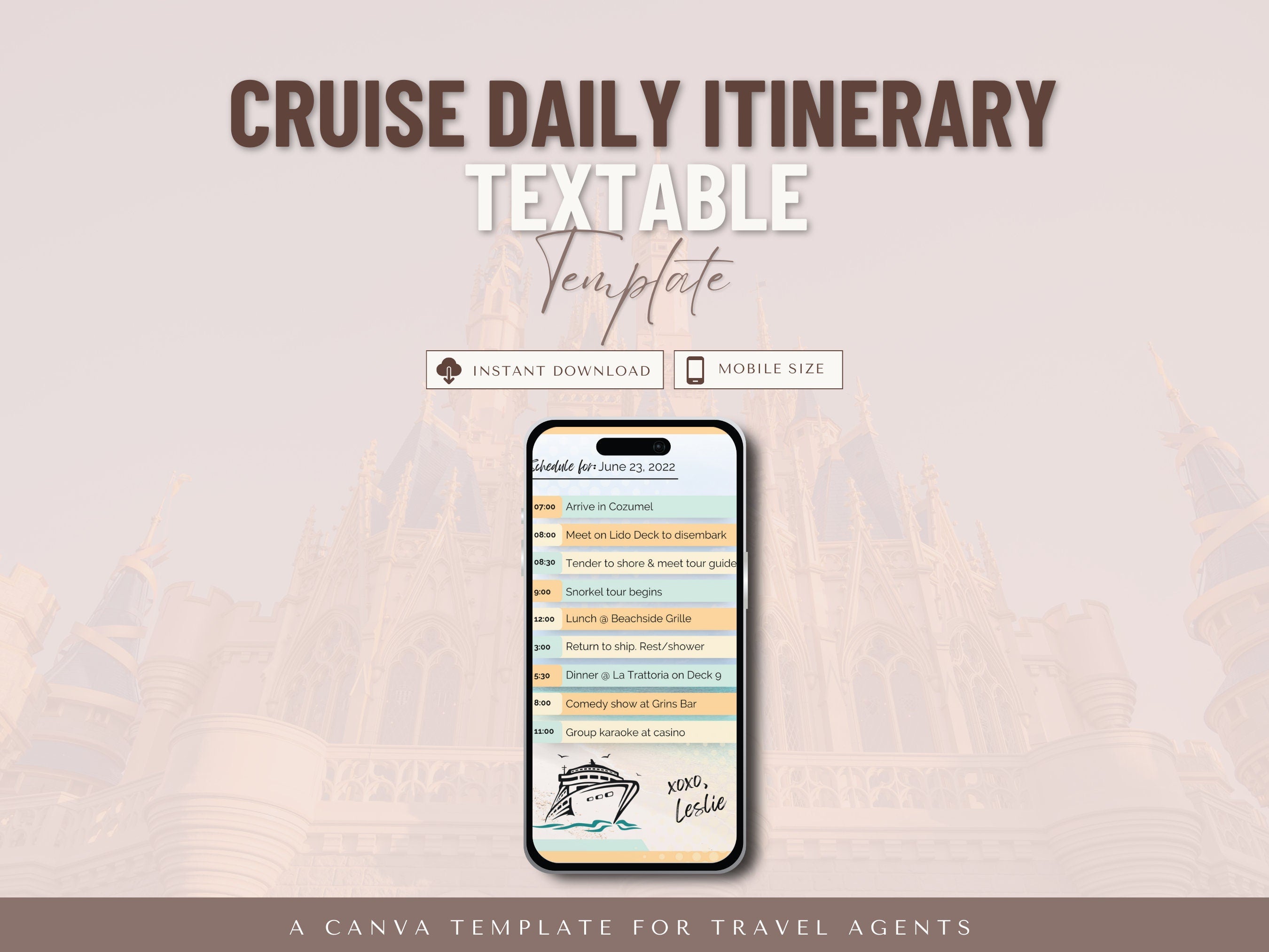 Daily Cruise Itinerary, Textable Daily Itinerary, Travel Agent Template