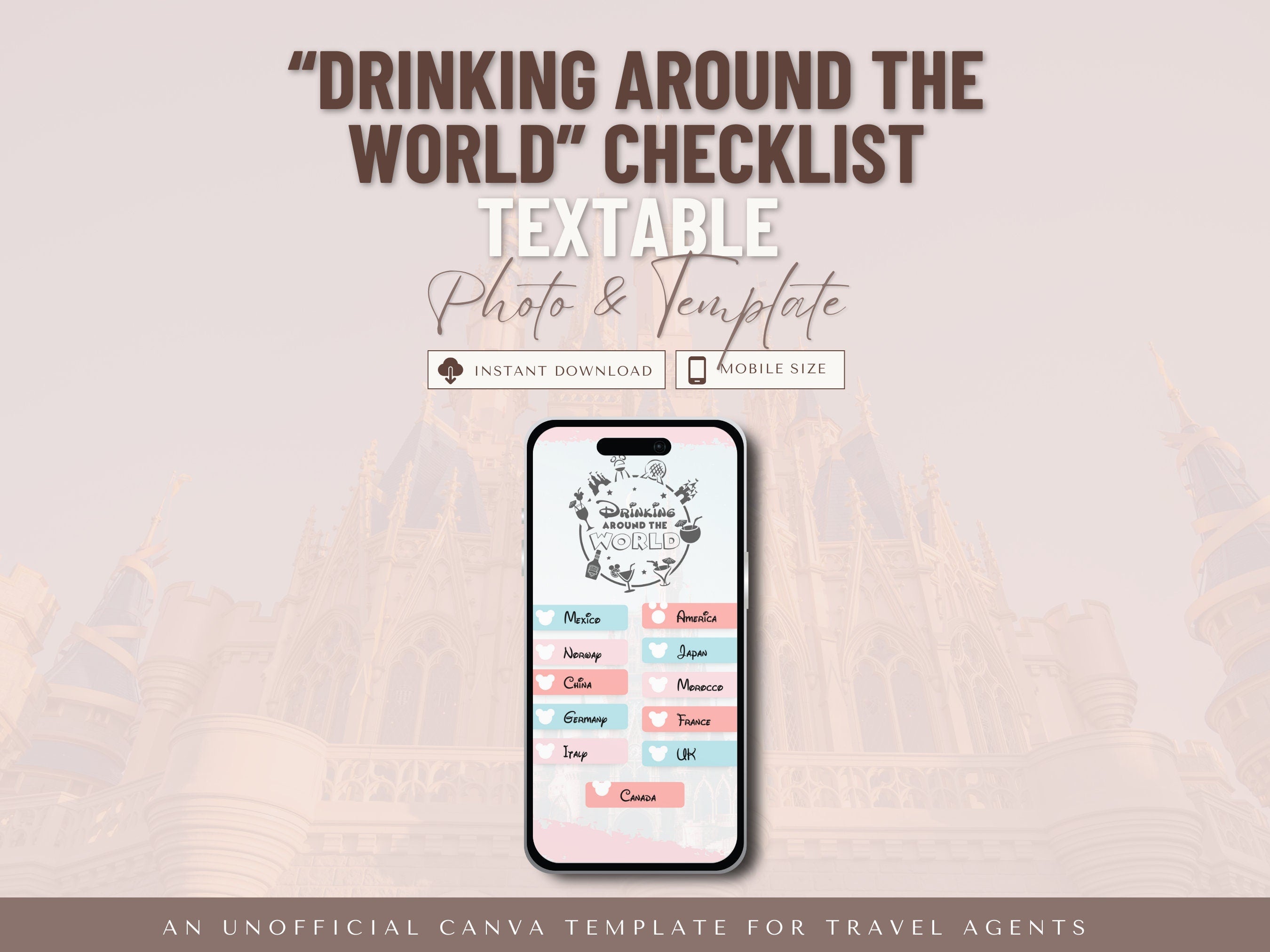 Drinking Around the World Checklist, Textable Travel Agent Template