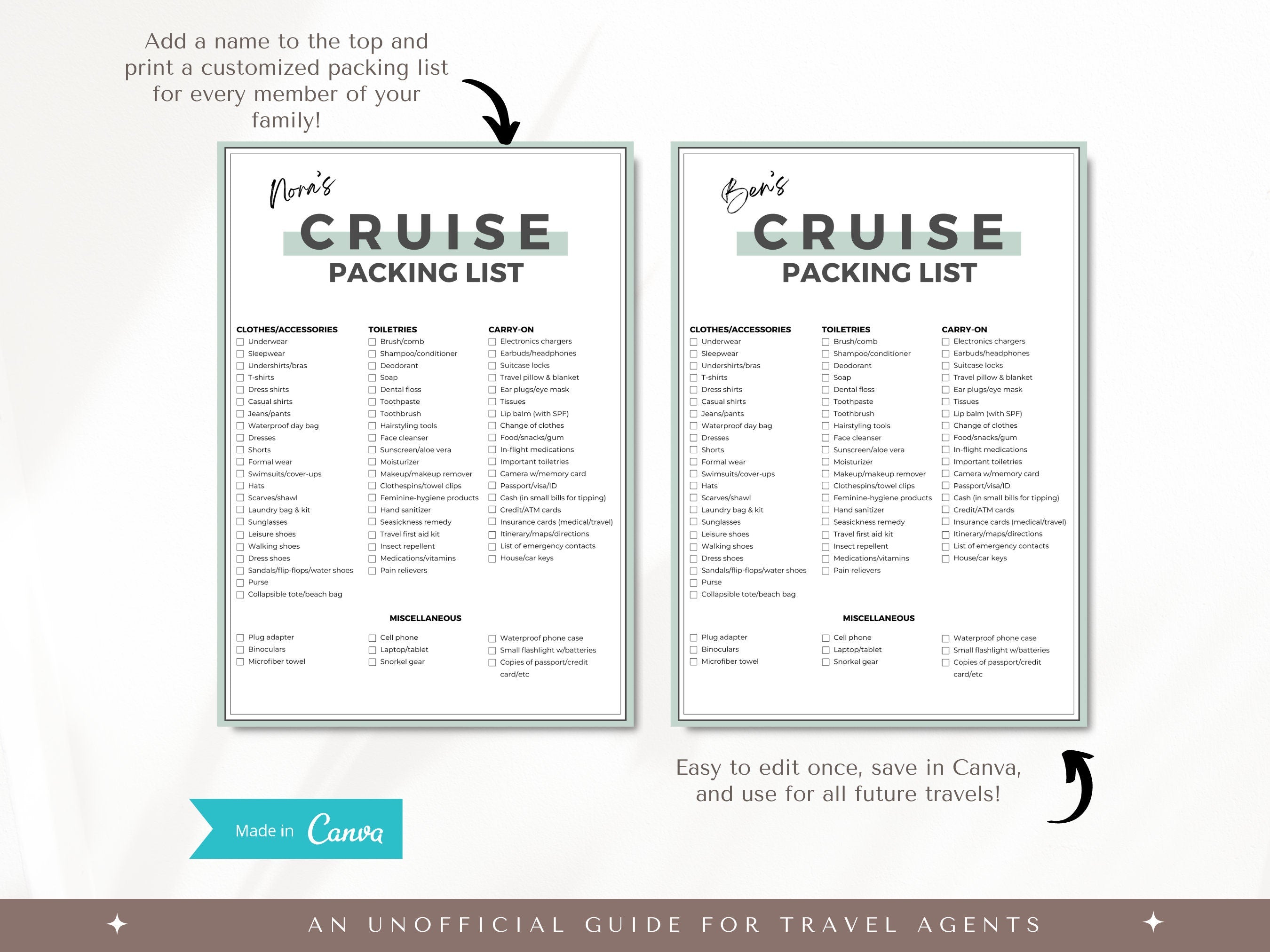 Travel Agent's Complete Packing Lists - 4 Templates in Canva