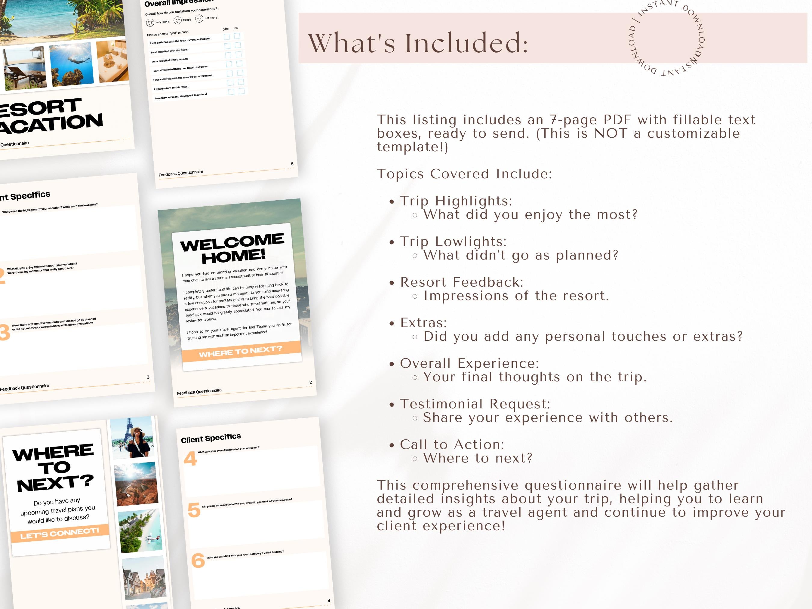 Resort Vacation Feedback Questionnaire, Travel Agent Forms