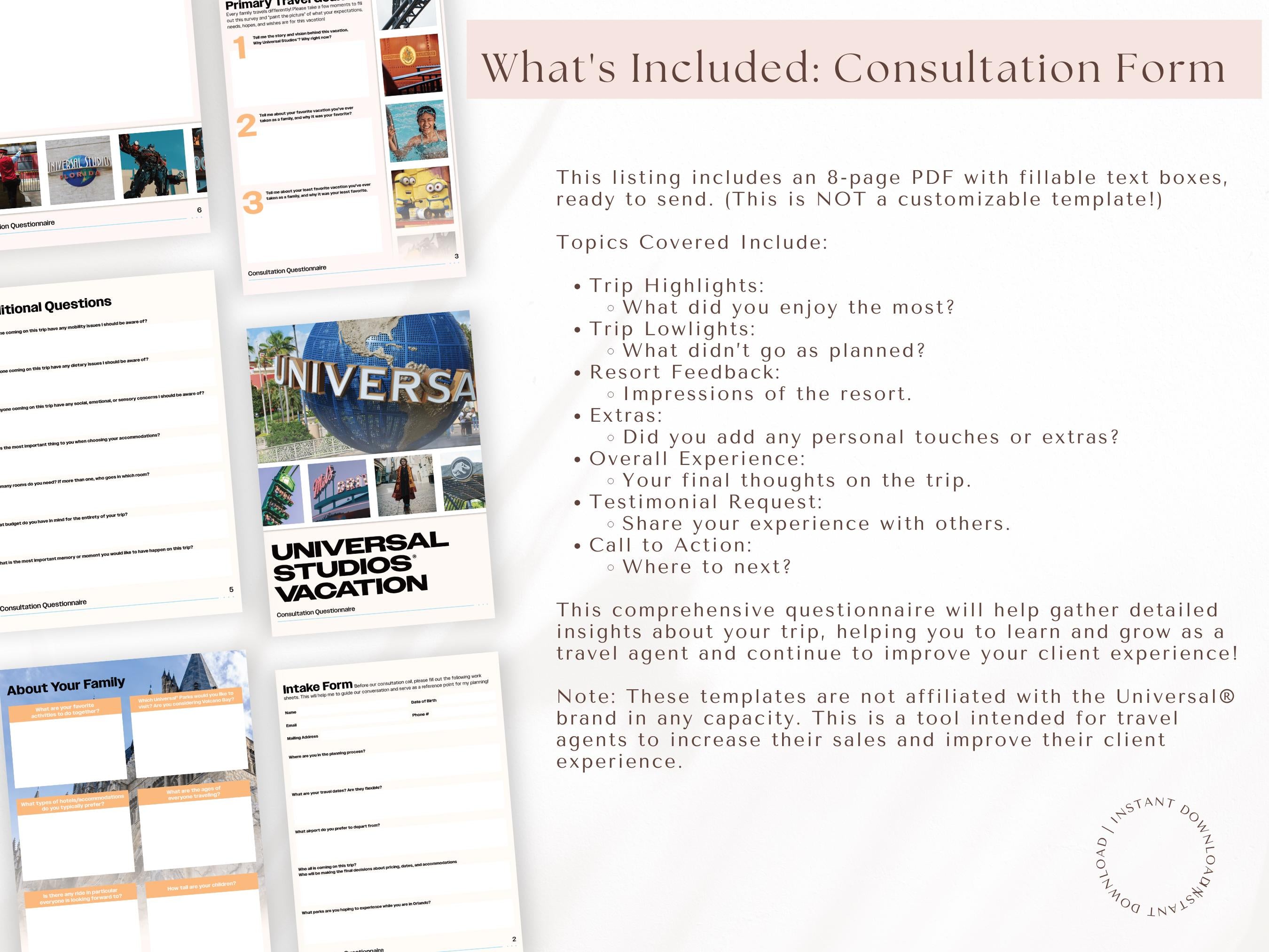 Universal Vacation Consultation & Feedback Form Bundle, Travel Agent Forms