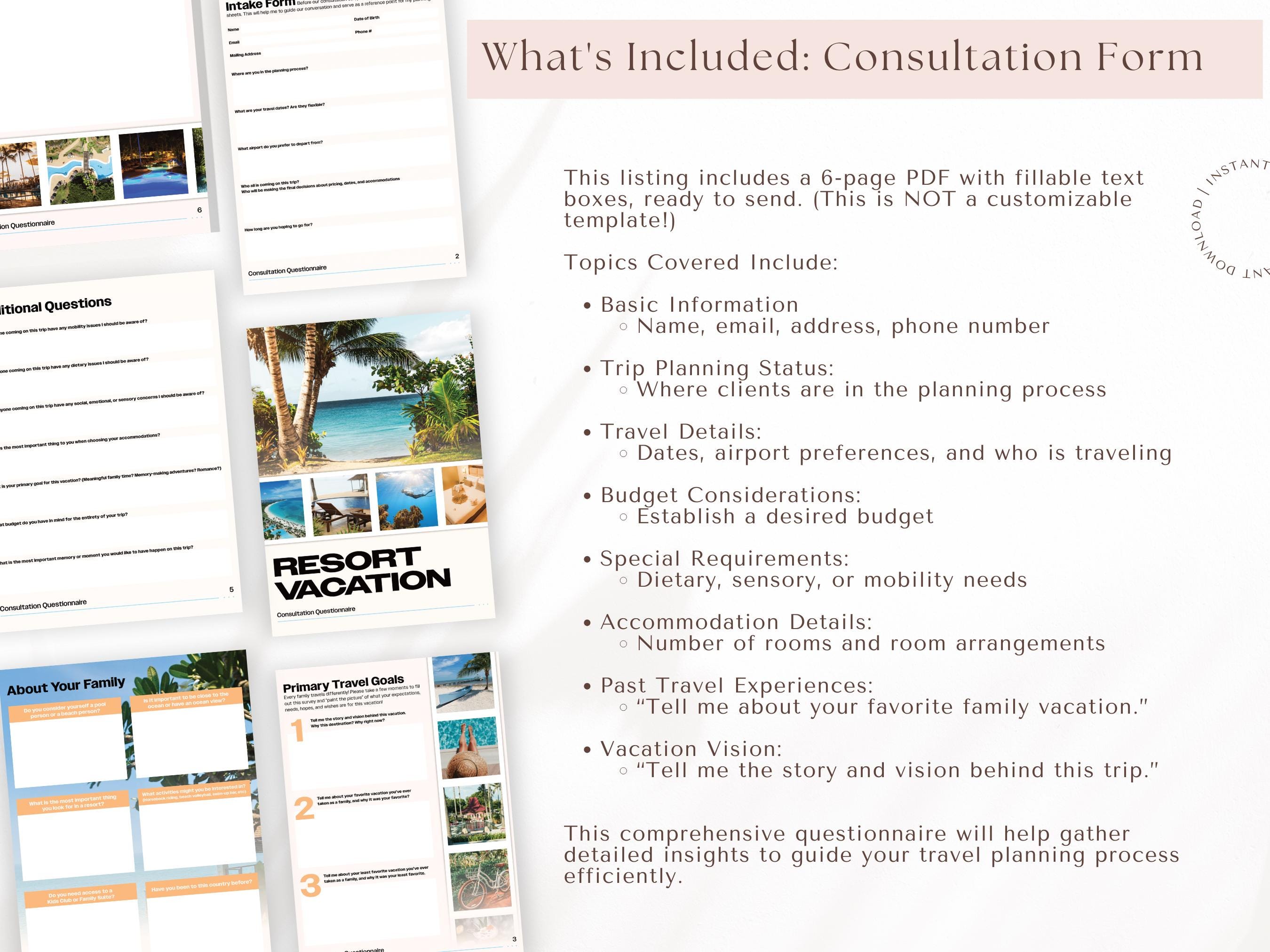 Resort Vacation Consultation & Feedback Forms Bundle, Travel Agent Forms