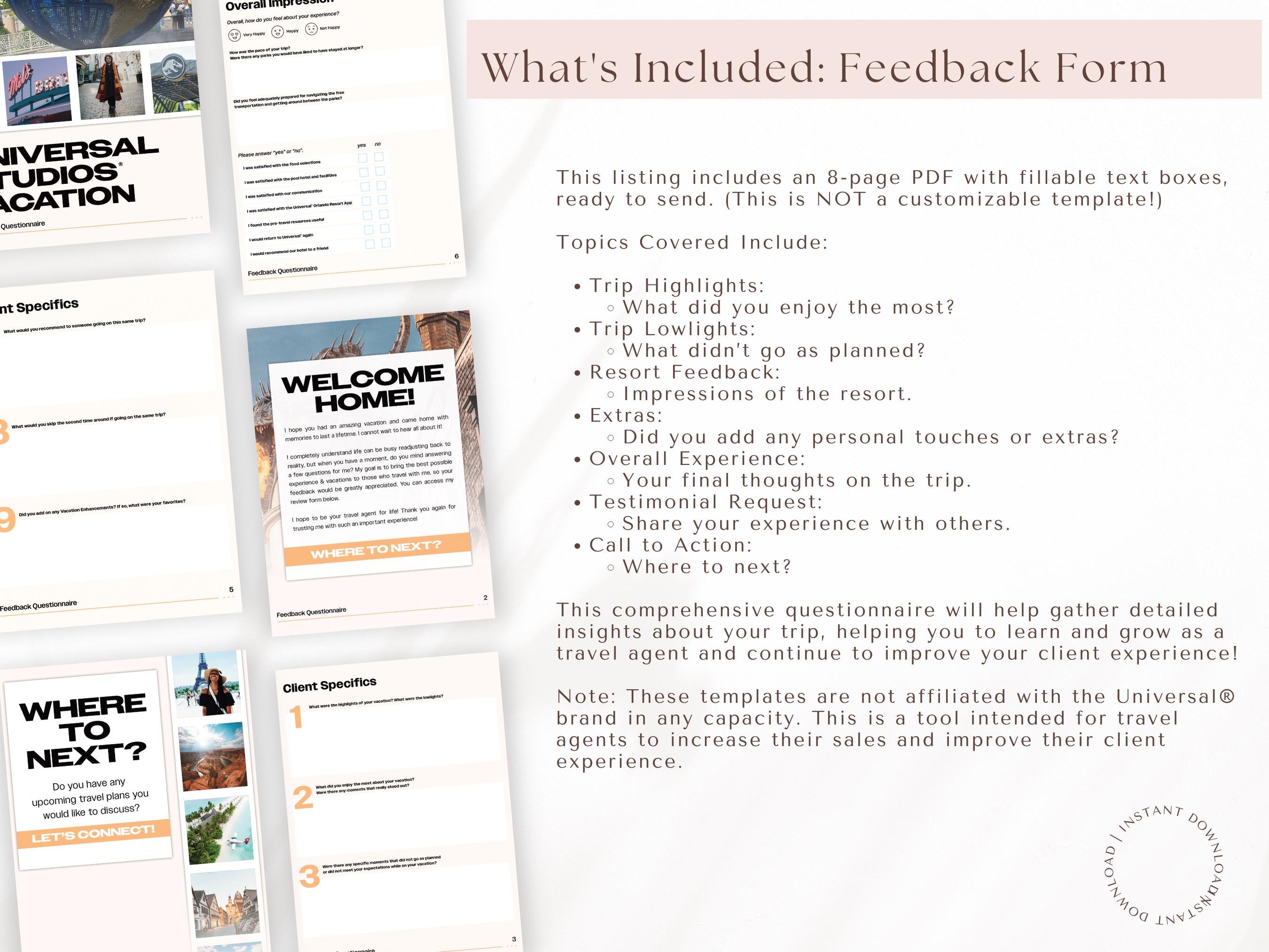 Universal Vacation Consultation & Feedback Form Bundle, Travel Agent Forms