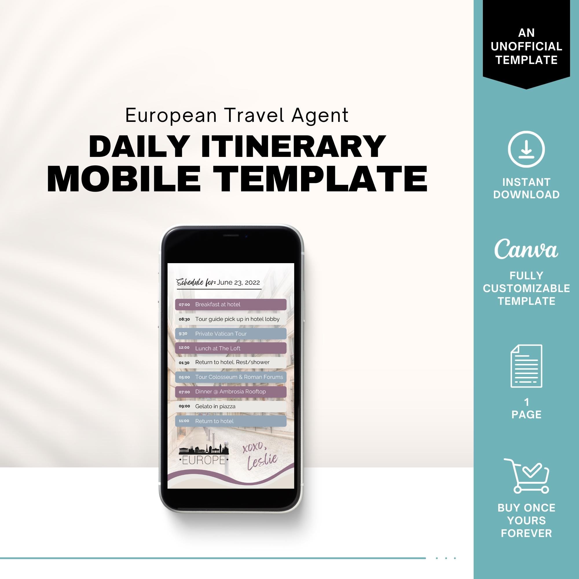 Textable Daily Europe Itinerary Template - Rome Paris Venice