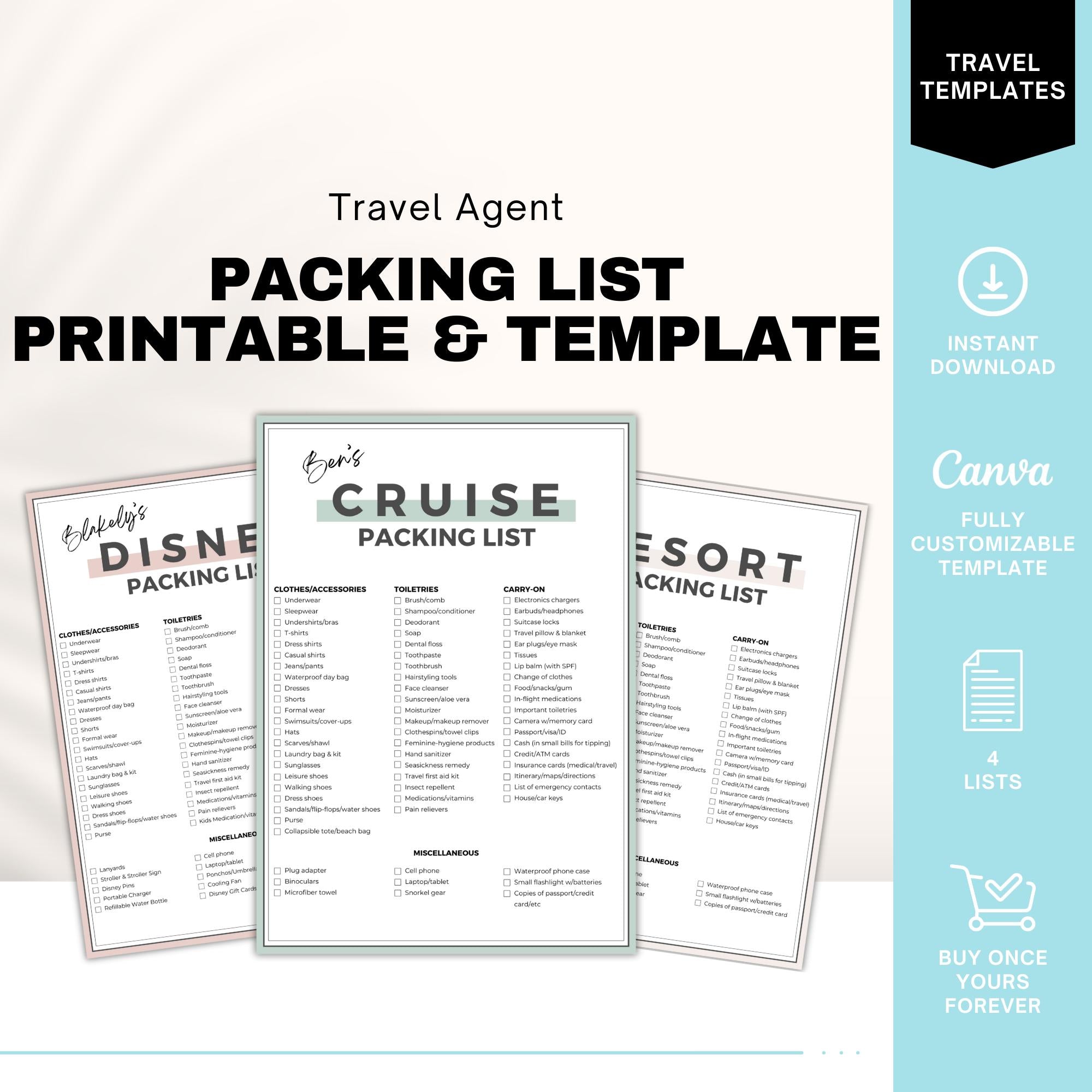 Travel Agent's Complete Packing Lists - 4 Templates in Canva