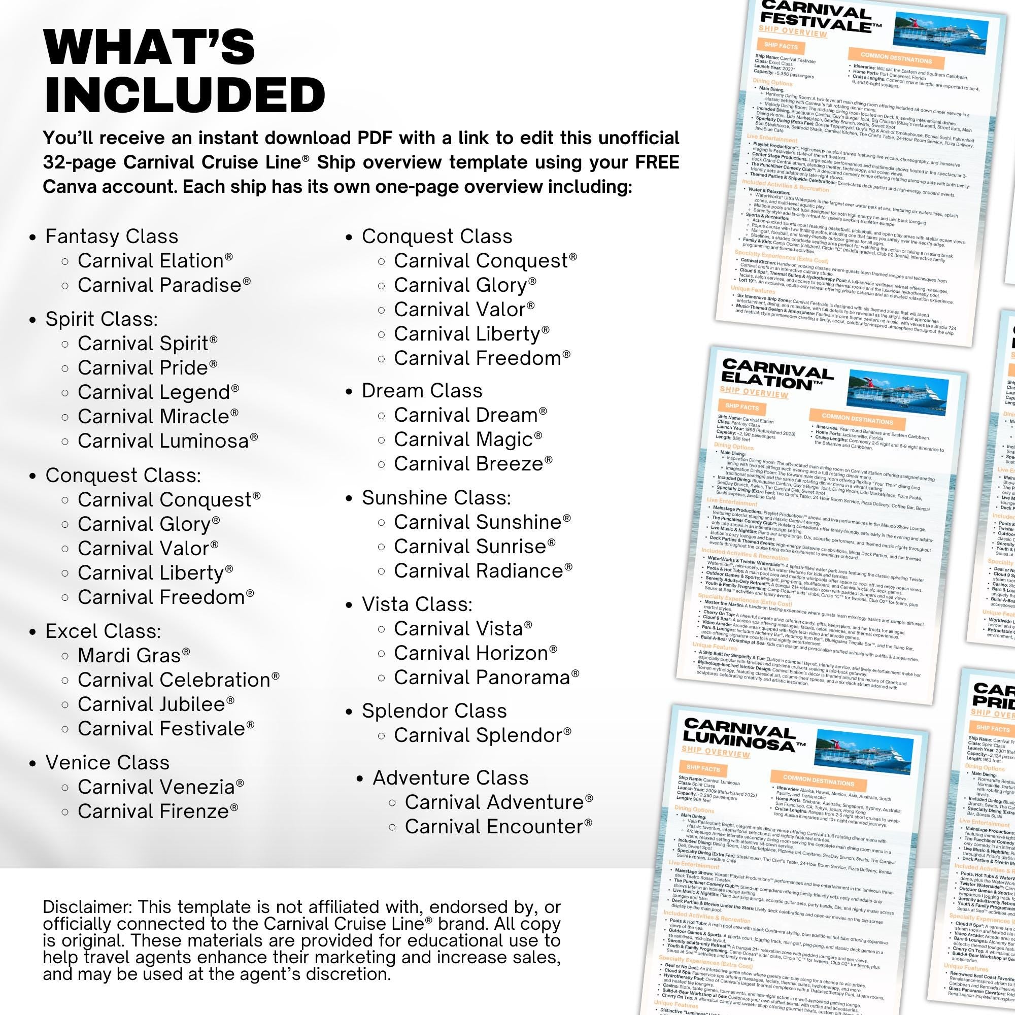 Carnival Cruise Ship Guide, Travel Agent Template