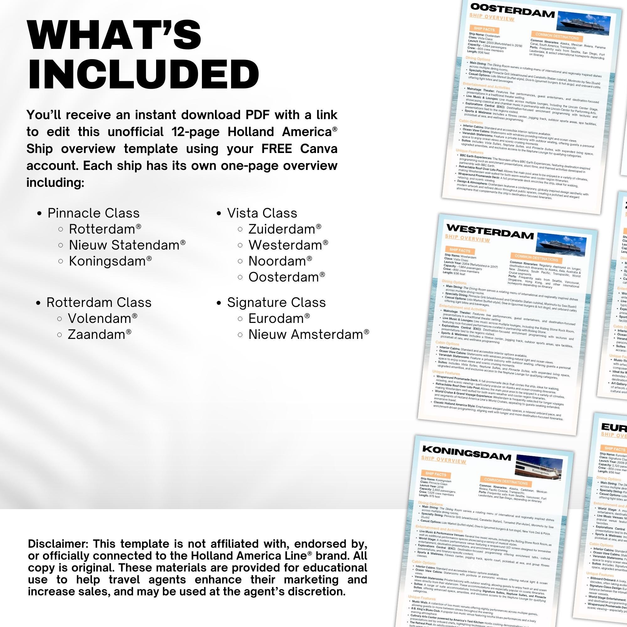 Unofficial Holland America Cruise Ship Guide, Travel Agent Template