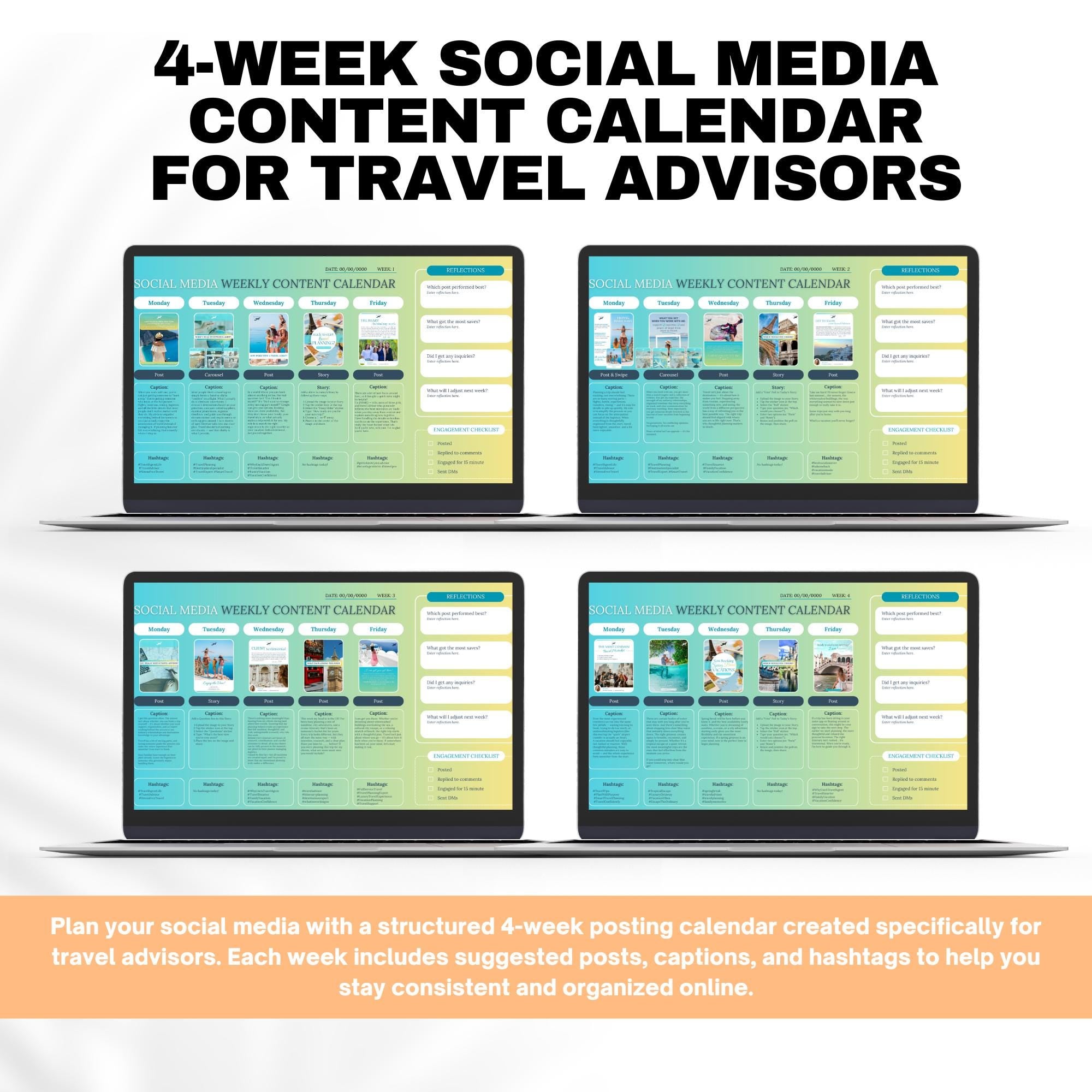 Travel Agent Social Media Templates, 4 Week Content Calendar, Travel Advisor Marketing Canva Templates with Captions & Hashtags