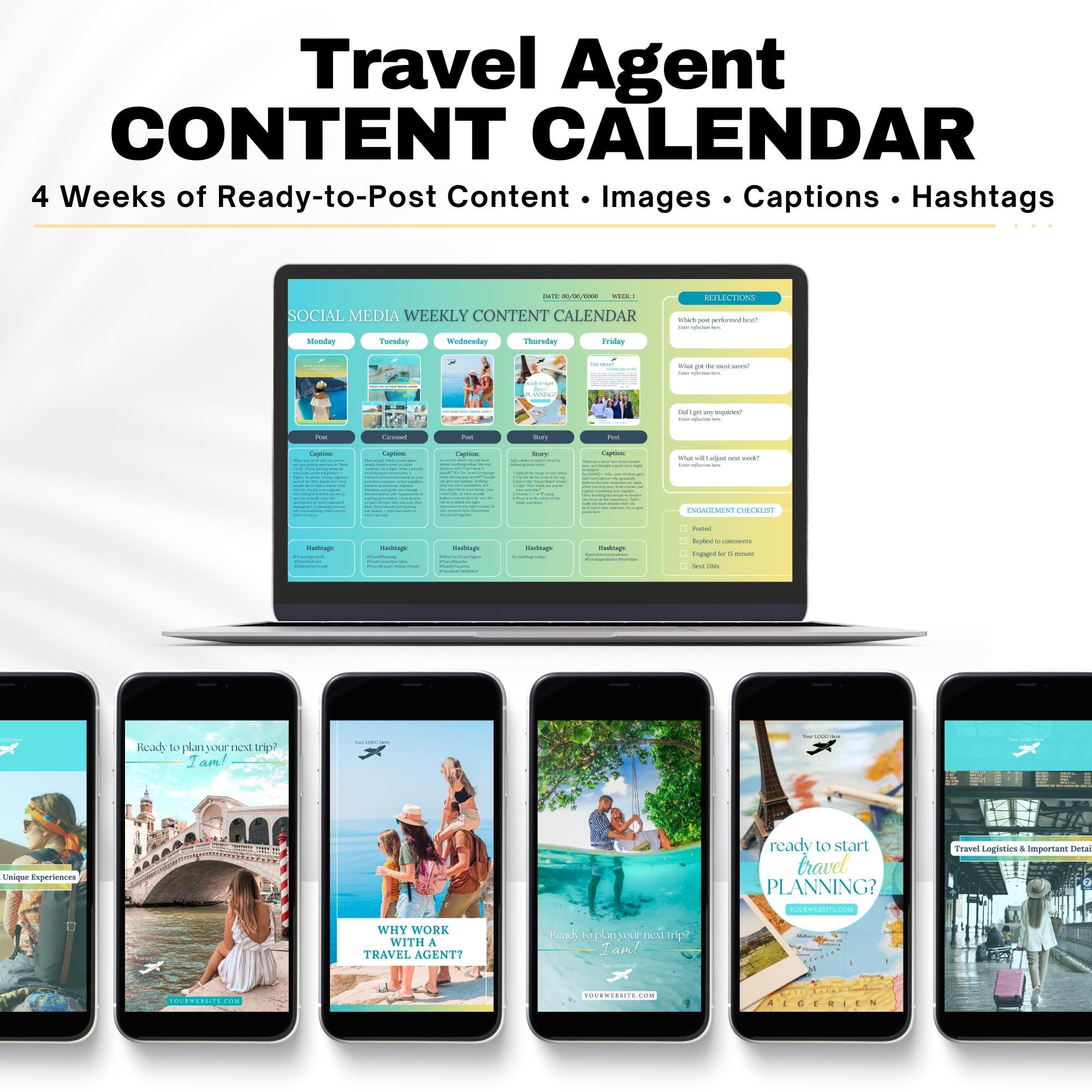 Travel Agent Social Media Templates, 4 Week Content Calendar, Travel Advisor Marketing Canva Templates with Captions & Hashtags