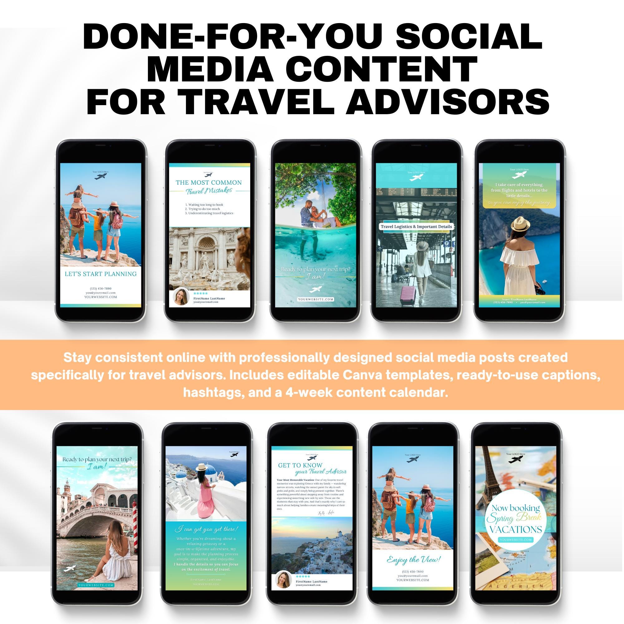Travel Agent Social Media Templates, 4 Week Content Calendar, Travel Advisor Marketing Canva Templates with Captions & Hashtags