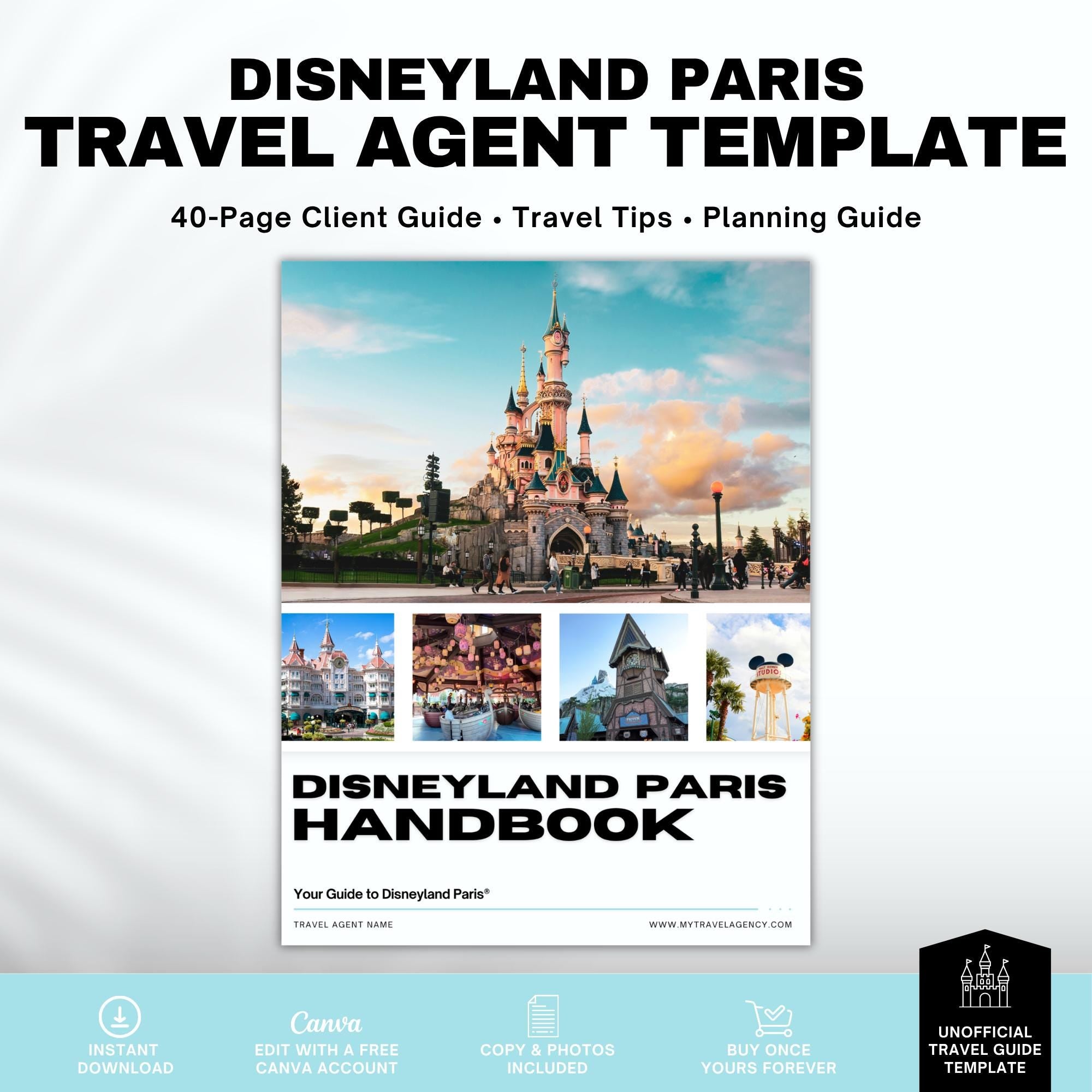 DLP Travel Agent Handbook Template | Paris Theme Park Vacation Guide | Client Welcome Guide | Canva Editable