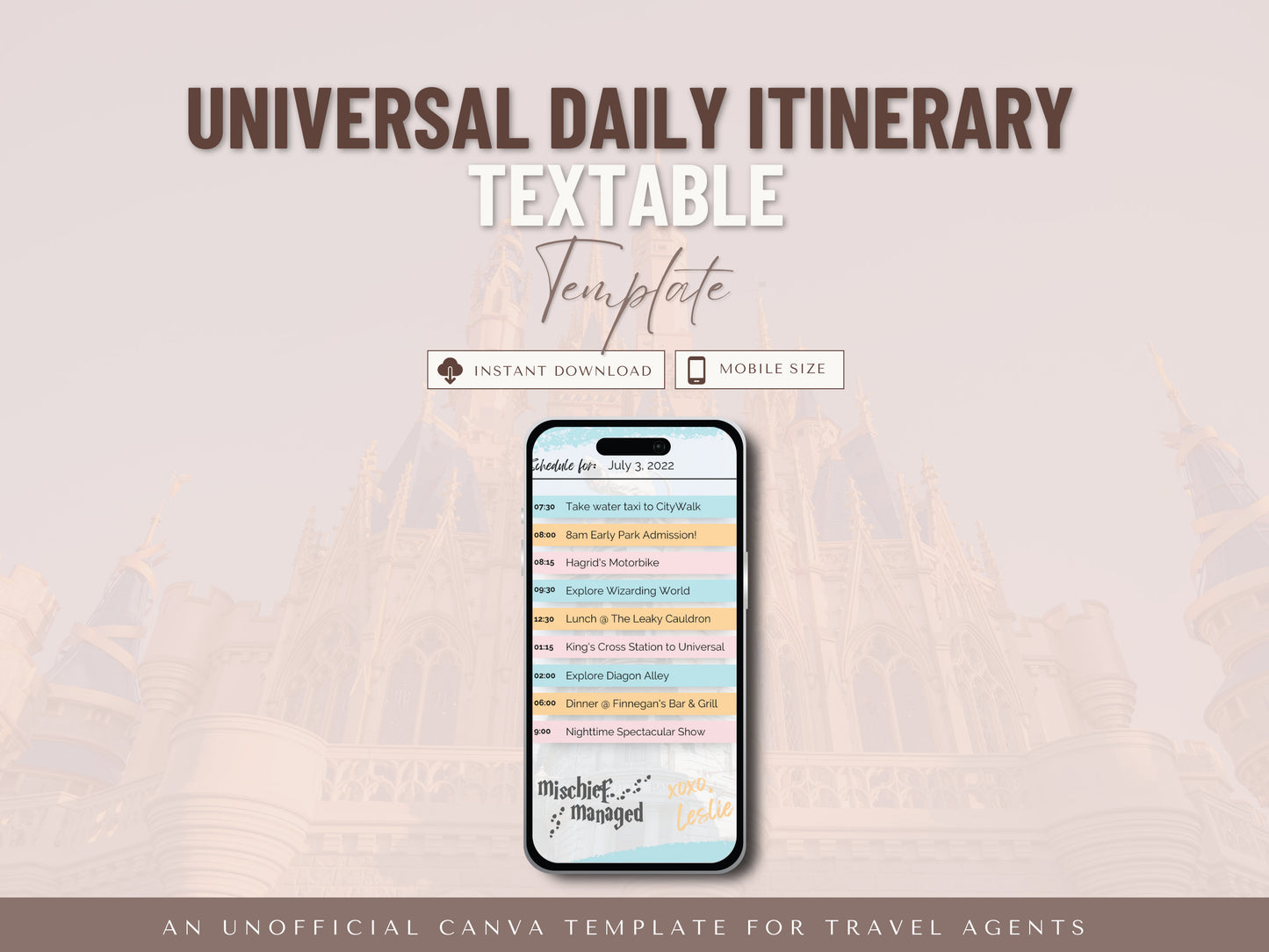 Universal Studios Textable Daily Itinerary, Universal Planner, Textable Daily Itinerary, Travel Agent Template