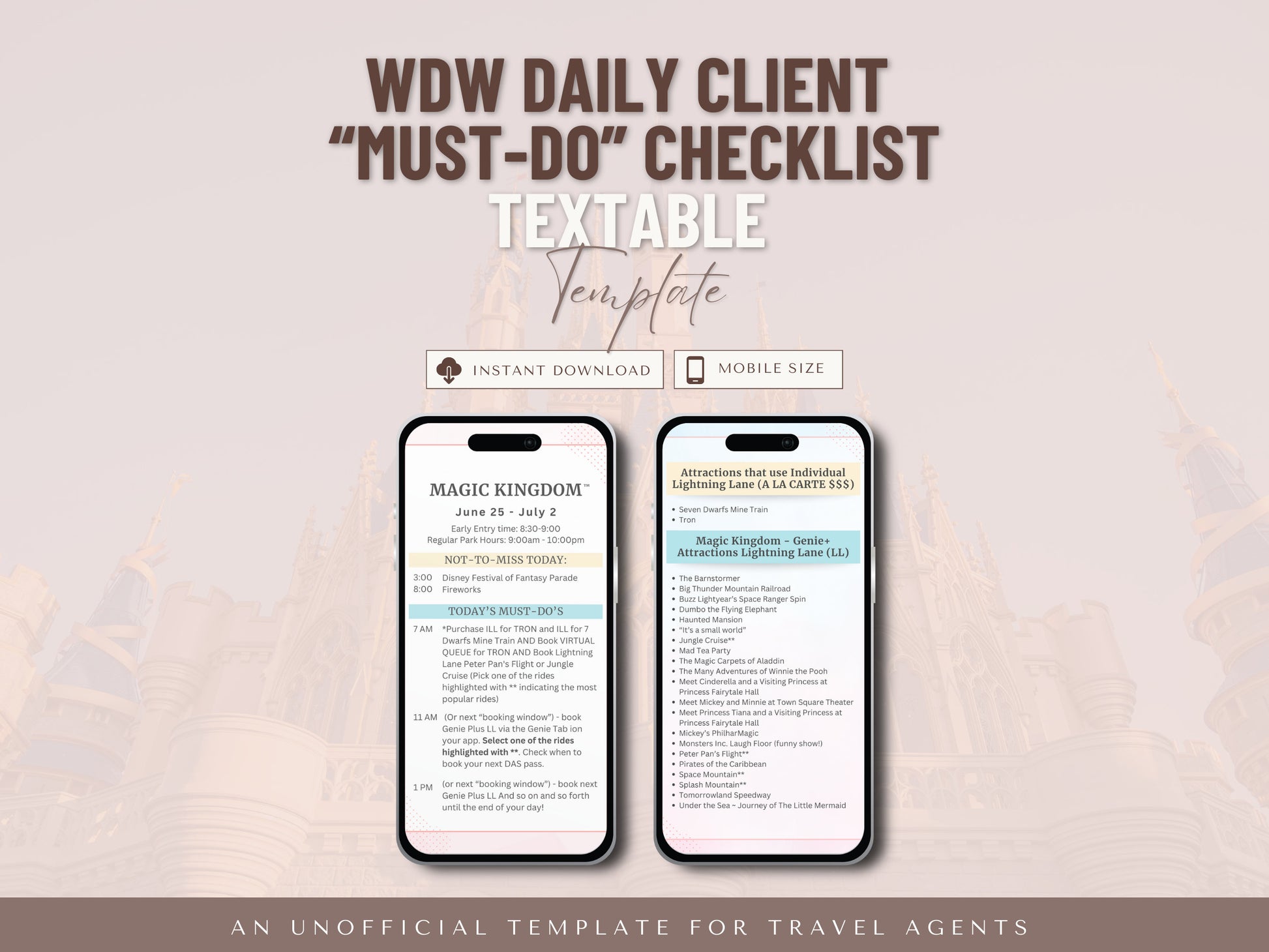 Daily Must-Do Client Checklist, Textable Daily Itinerary, Travel Agent Template