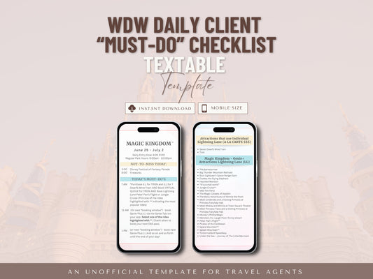 Daily Must-Do Client Checklist, Textable Daily Itinerary, Travel Agent Template