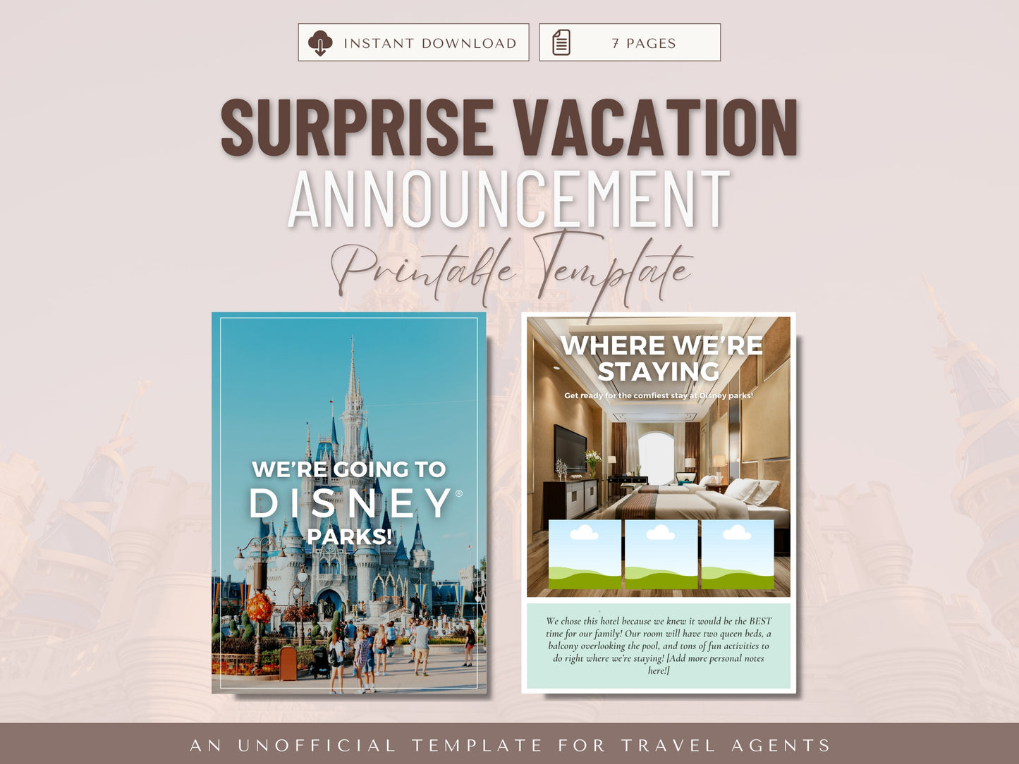 Surprise Vacation Announcement, WDW Travel Template, Travel Agent Template