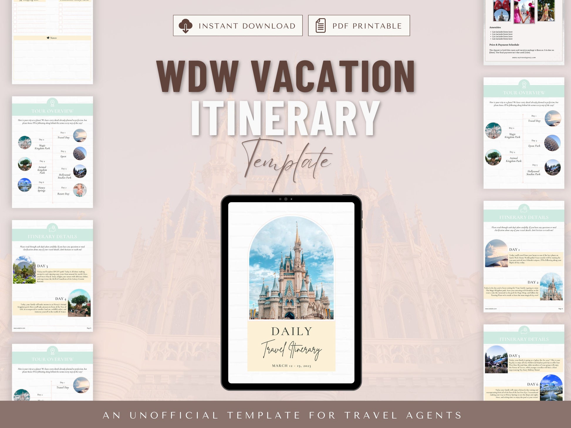 WDW Vacation Itinerary Template, Travel Itinerary Template