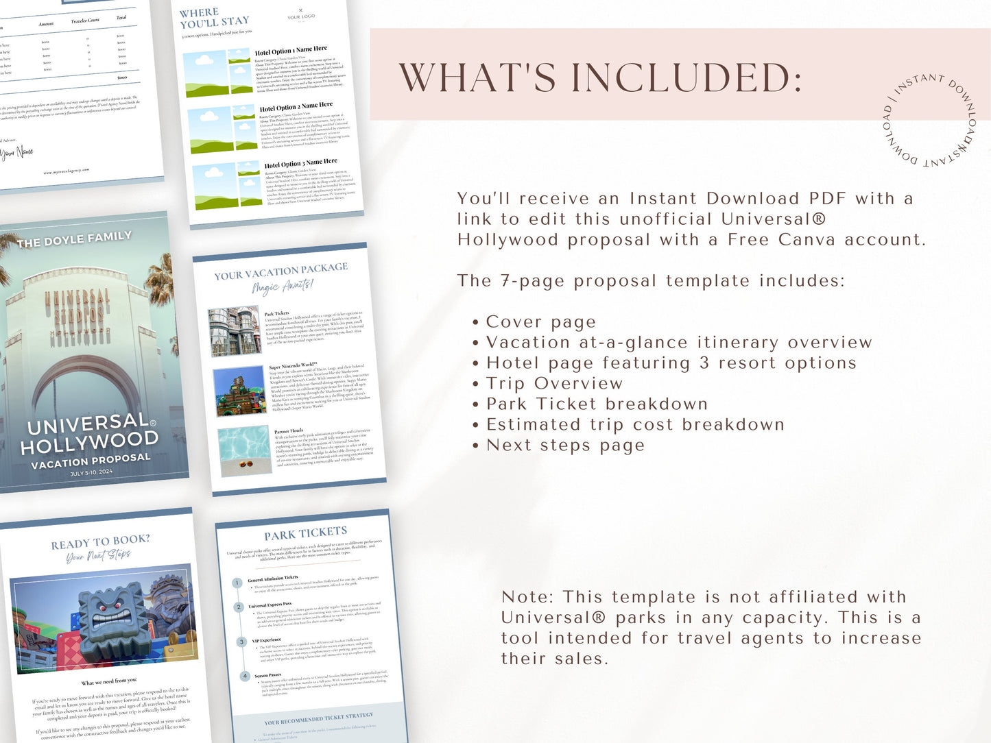 Simple Universal Hollywood Travel Agent Proposal Template, Travel Agent Itinerary Template