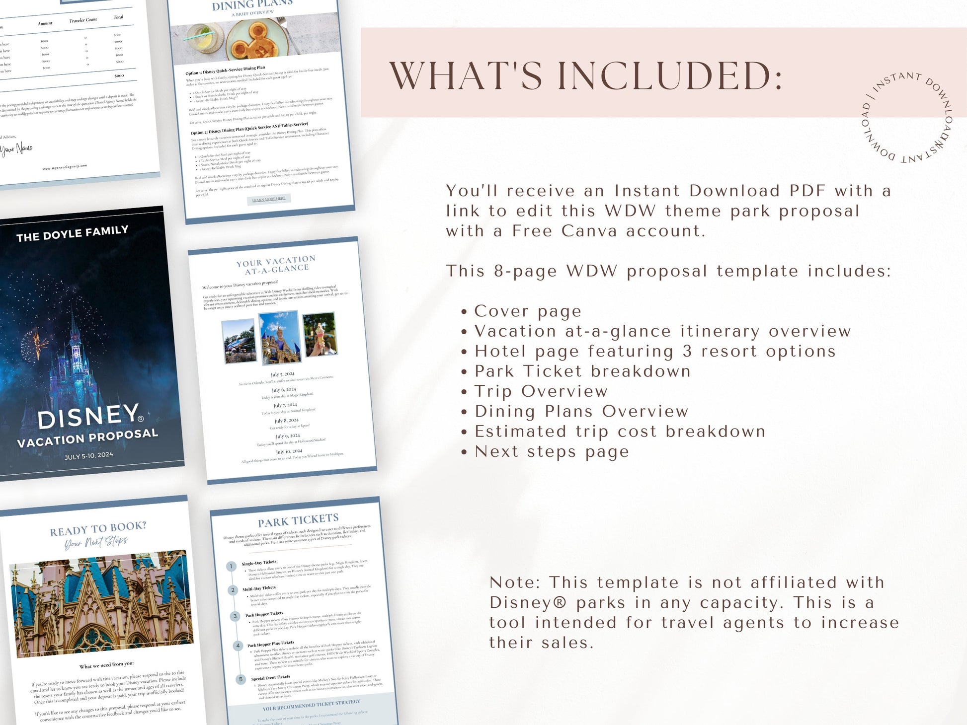 Simple WDW Travel Agent Proposal Template, Travel Agent Itinerary Template