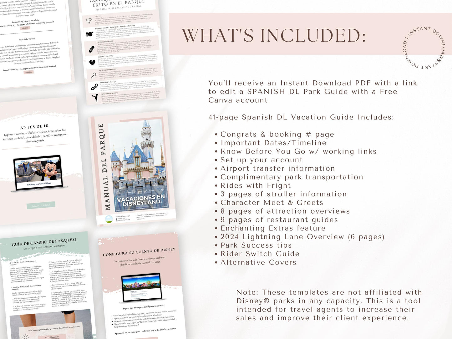 Spanish California Theme Park Guides for Clients, Spanish Travel Agent Template