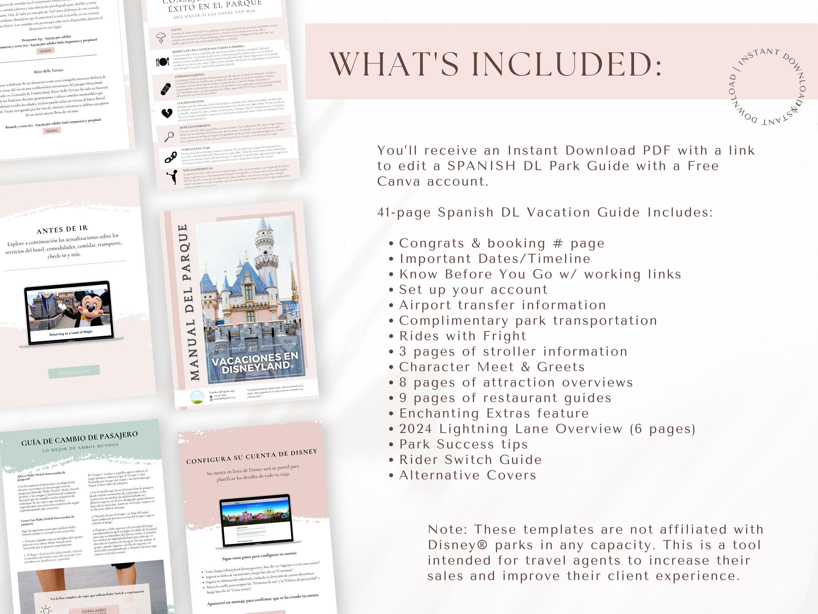 Spanish California Theme Park Guides for Clients, Spanish Travel Agent Template