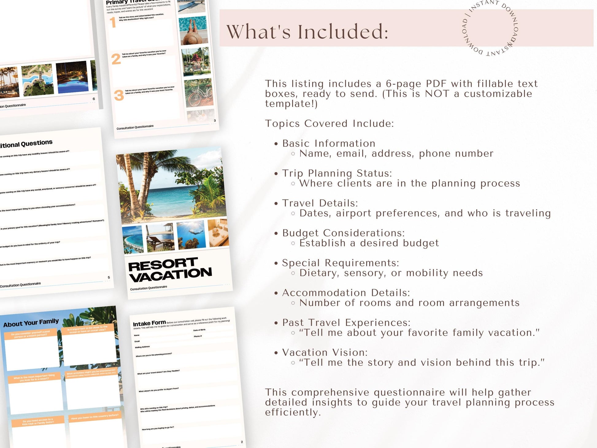 Resort Vacation Consultation Questionnaire, Travel Agent Forms