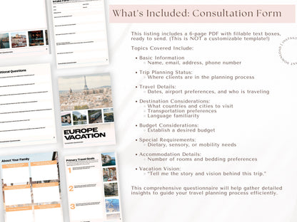 European Vacation Consultation Questions, Travel Agent Forms