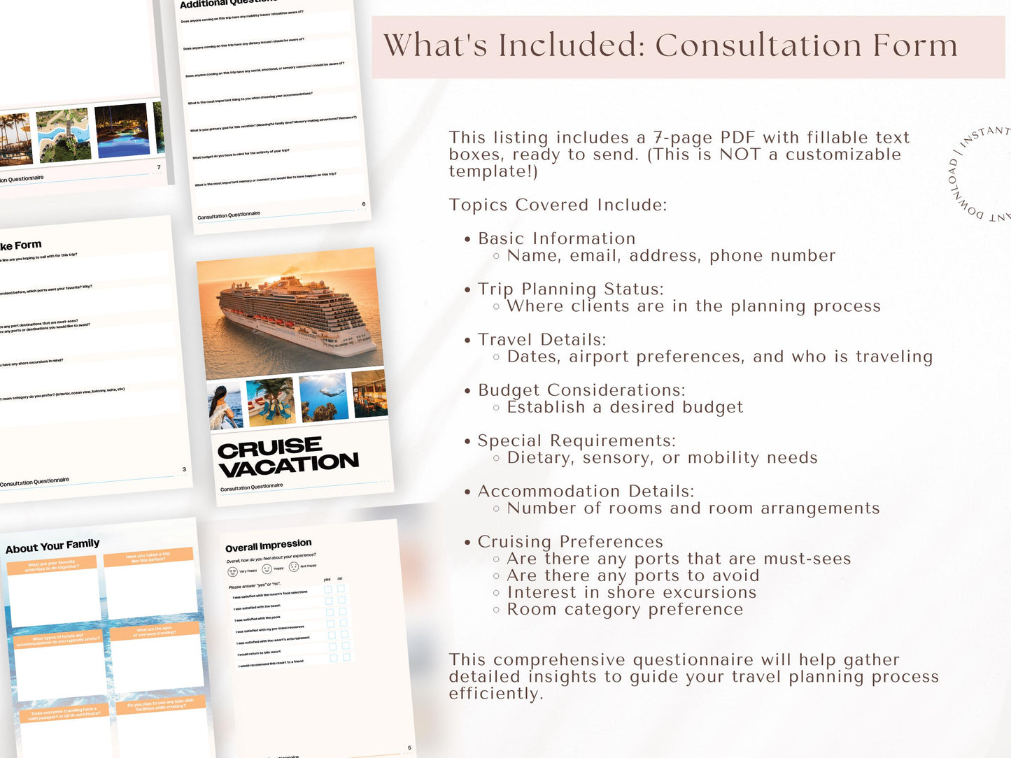 Cruise Vacation Consultation Questionnaire, Travel Agent Forms