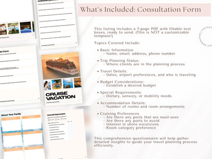 Cruise Vacation Consultation Questionnaire, Travel Agent Forms