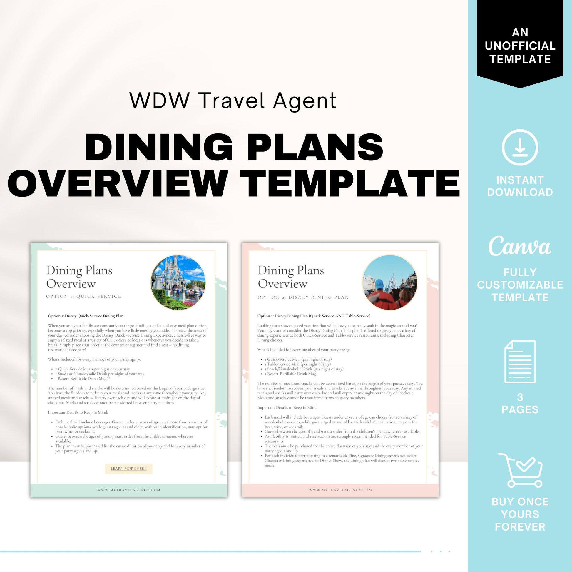 WDW Dining Plans 2024 Overview Template, Travel Agent Template