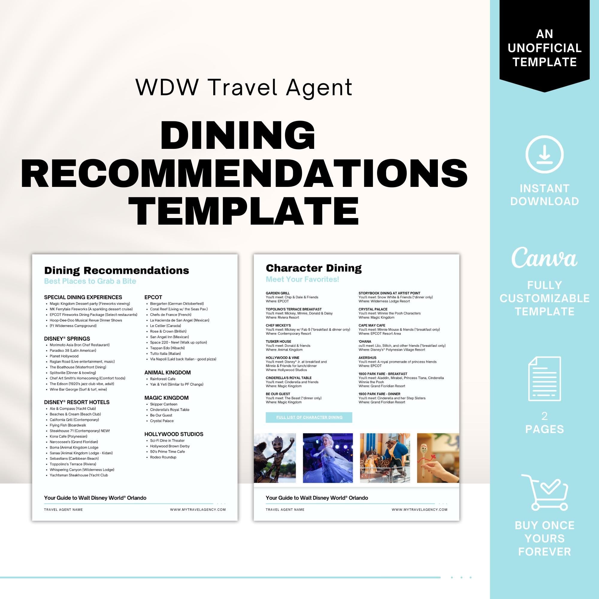 Travel Agent Dining Recommendations Template, WDW Template, Travel Agent Itinerary Template