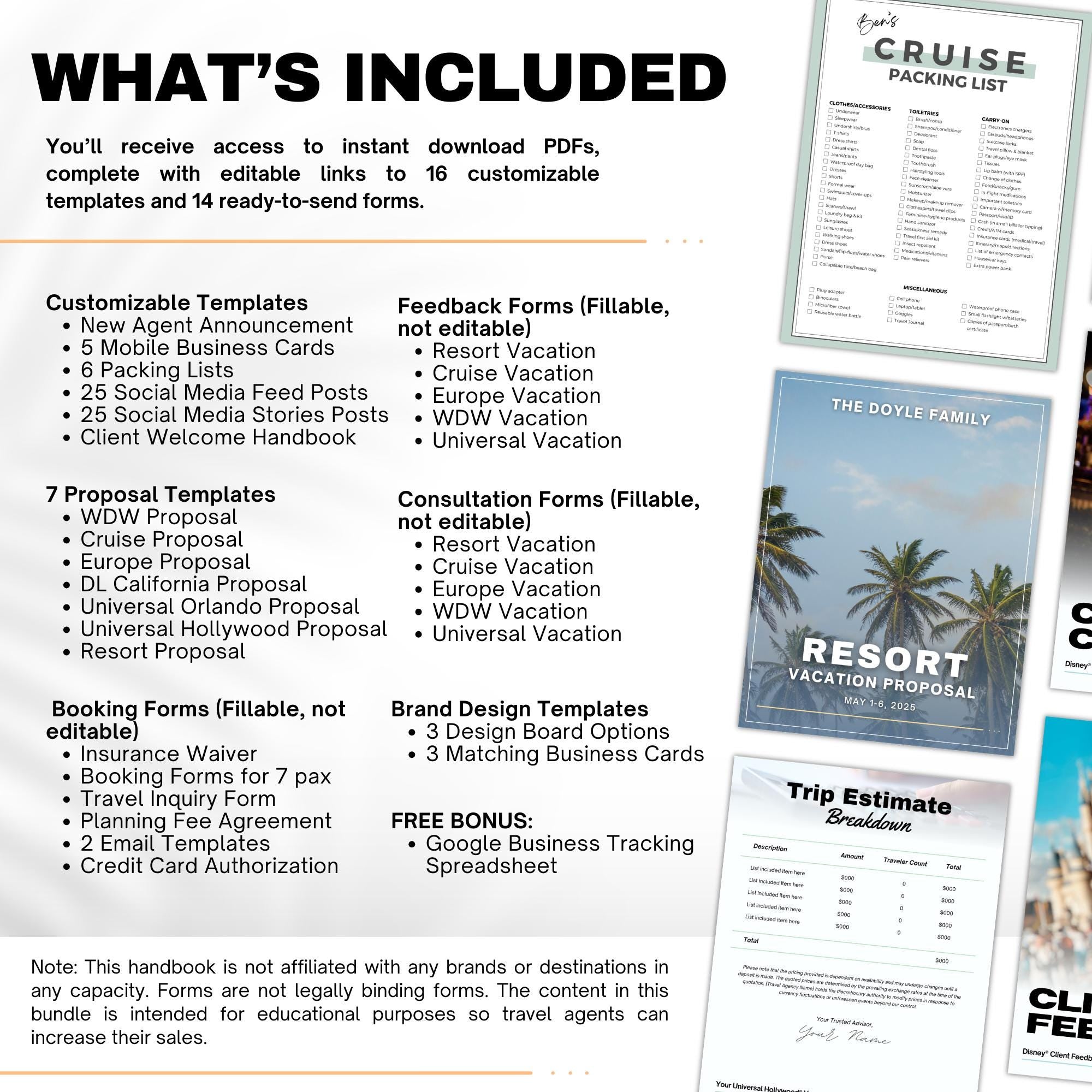 Travel Agent Starter Kit, Travel Agent Templates, Vacation Packing List