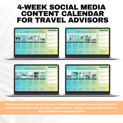 Travel Agent Social Media Templates, 4 Week Content Calendar, Travel Advisor Marketing Canva Templates with Captions & Hashtags