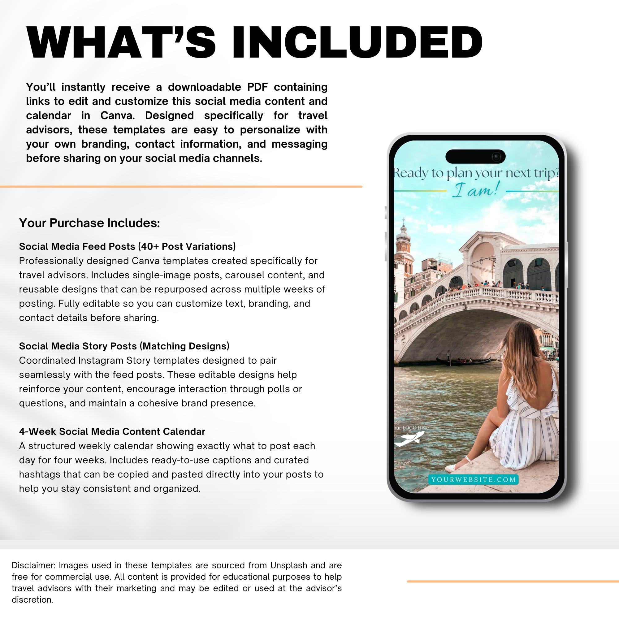 Travel Agent Social Media Templates, 4 Week Content Calendar, Travel Advisor Marketing Canva Templates with Captions & Hashtags