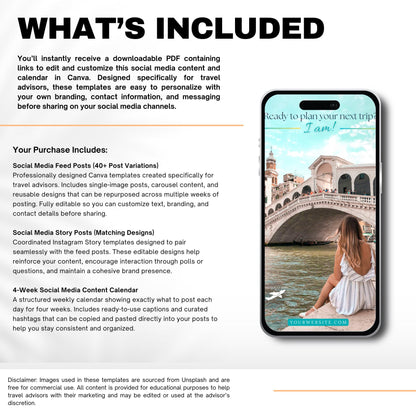 Travel Agent Social Media Templates, 4 Week Content Calendar, Travel Advisor Marketing Canva Templates with Captions & Hashtags