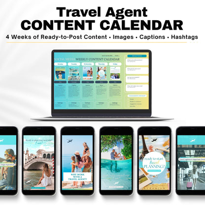Travel Agent Social Media Templates, 4 Week Content Calendar, Travel Advisor Marketing Canva Templates with Captions & Hashtags