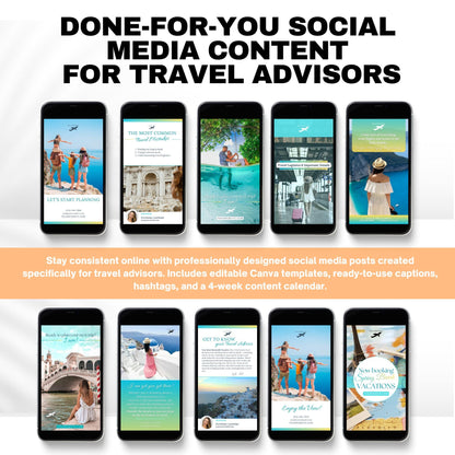 Travel Agent Social Media Templates, 4 Week Content Calendar, Travel Advisor Marketing Canva Templates with Captions & Hashtags