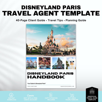 DLP Travel Agent Handbook Template | Paris Theme Park Vacation Guide | Client Welcome Guide | Canva Editable
