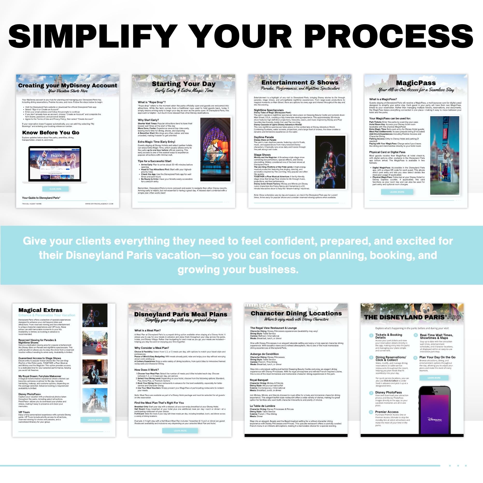 DLP Travel Agent Handbook Template | Paris Theme Park Vacation Guide | Client Welcome Guide | Canva Editable