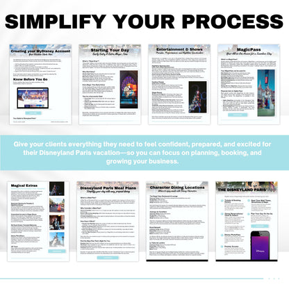 DLP Travel Agent Handbook Template | Paris Theme Park Vacation Guide | Client Welcome Guide | Canva Editable