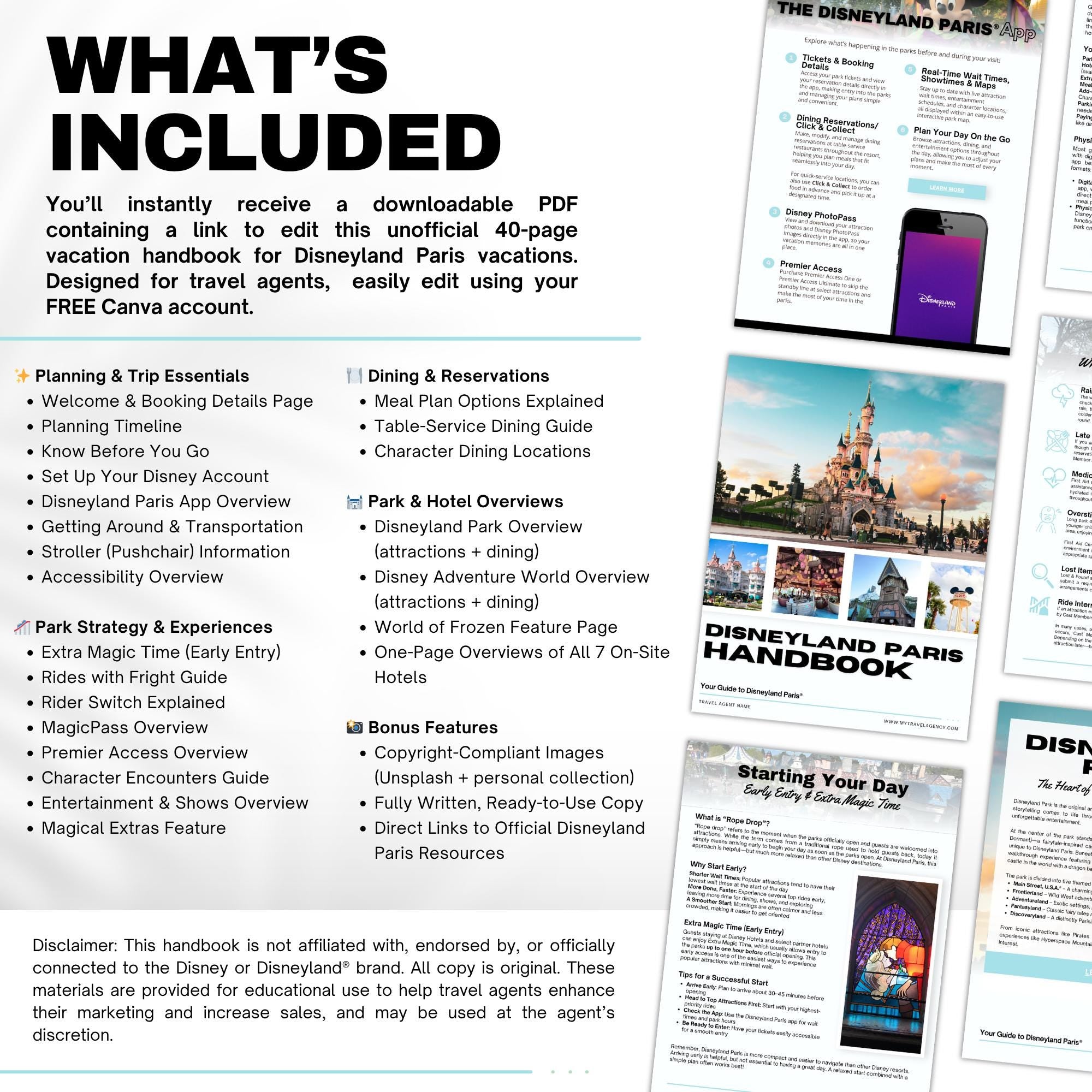 DLP Travel Agent Handbook Template | Paris Theme Park Vacation Guide | Client Welcome Guide | Canva Editable