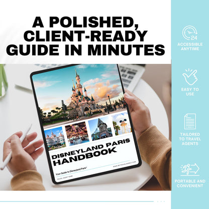 DLP Travel Agent Handbook Template | Paris Theme Park Vacation Guide | Client Welcome Guide | Canva Editable