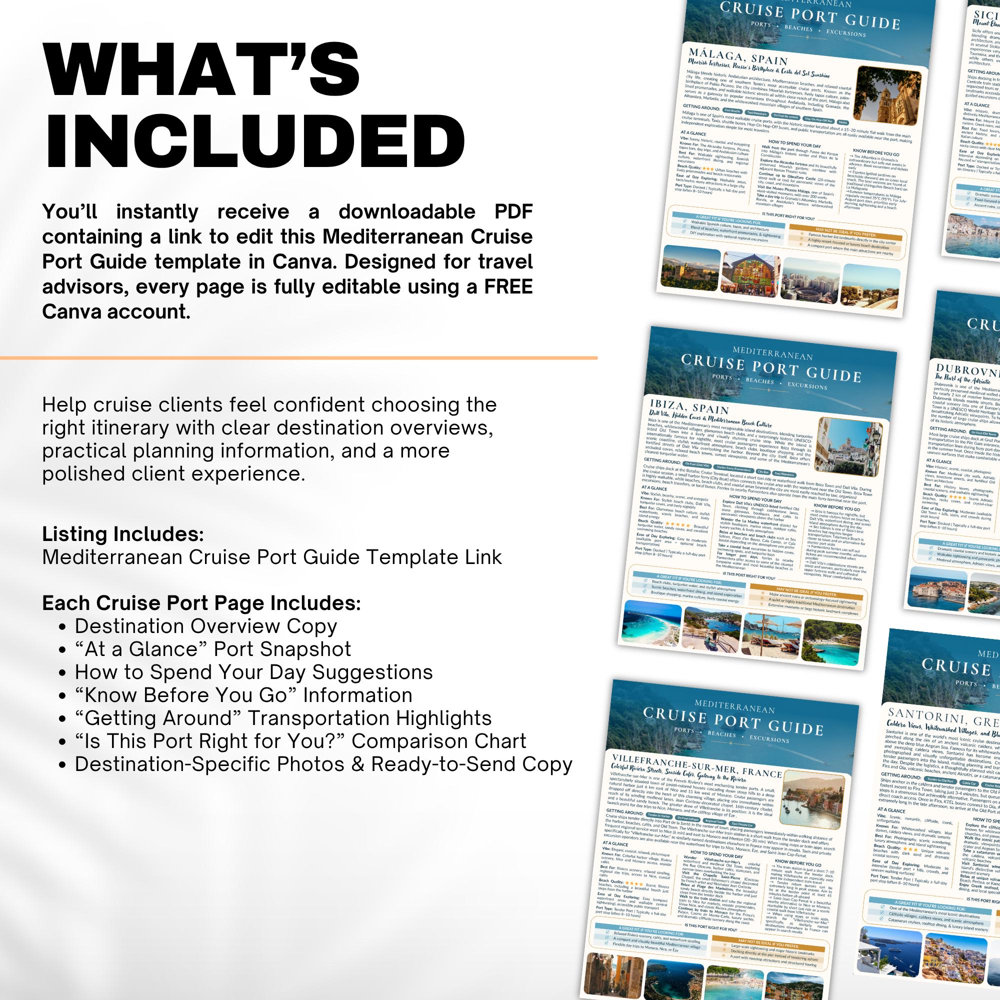 Mediterranean Cruise Port Guide Bundle | Editable Canva Template for Travel Agents | 25 Cruise Ports