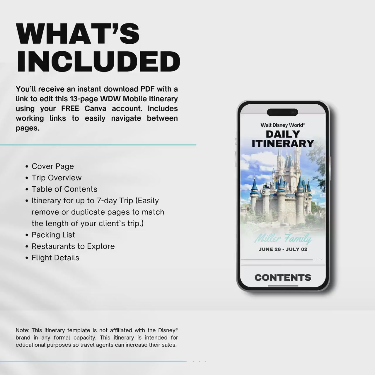 WDW Mobile Travel Itinerary, DIY Travel Itinerary